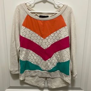 Takara blouse cream, orange/pink/turquoise/flower lace chevron pattern size S